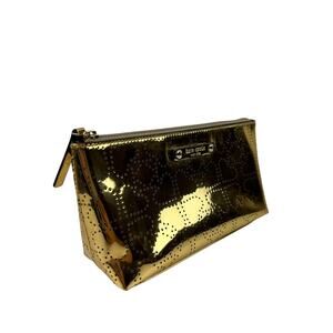 KATE SPADE Metro Gold Metallic Perforated Cosmetic Bag Shiny Heart Zip Pouch